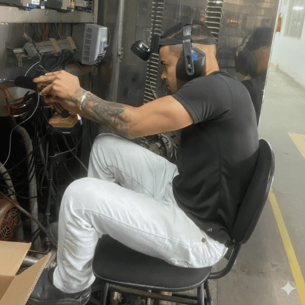 Wendel Moreira trabalhando em um painel elétrico